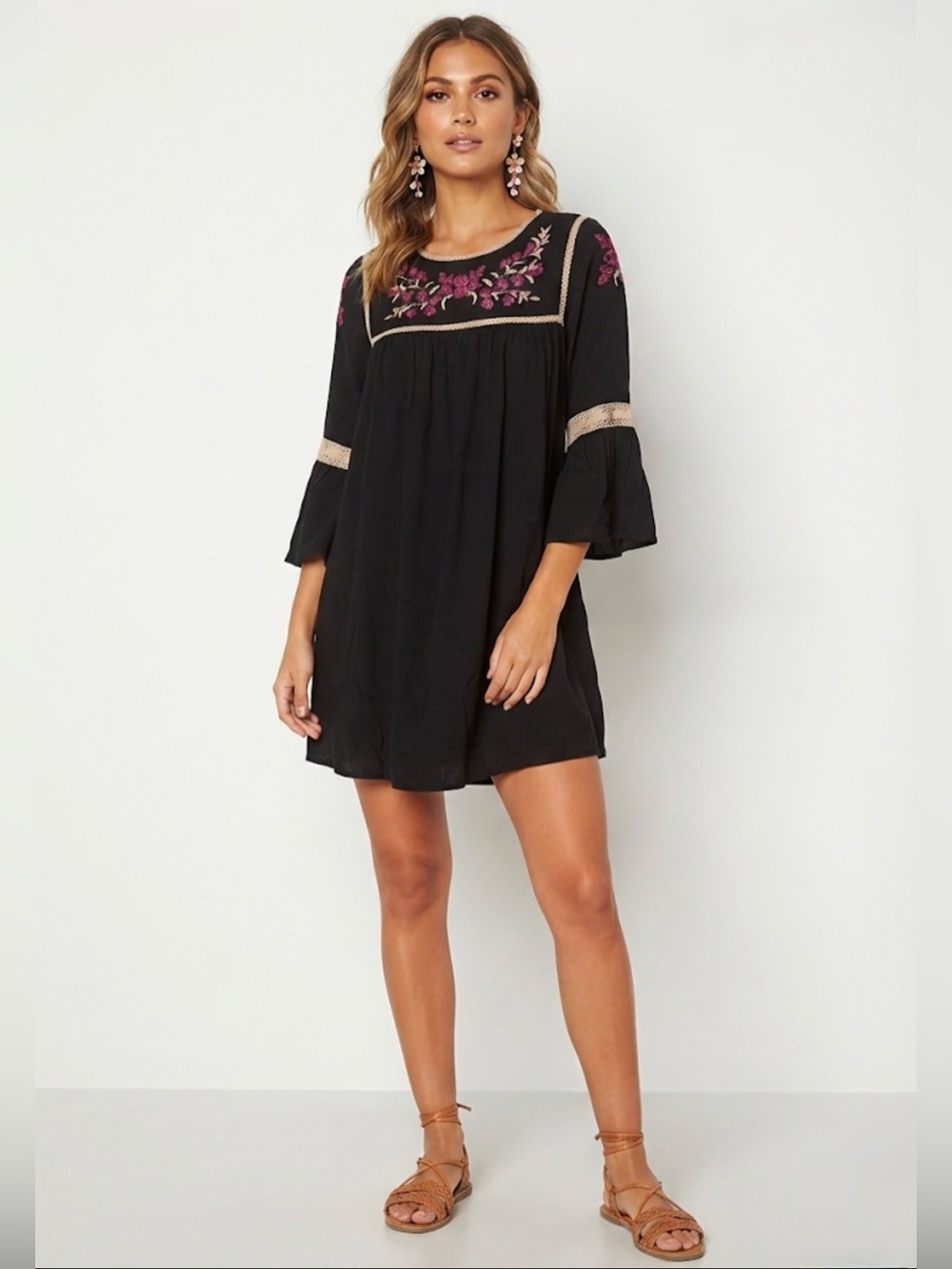 Forever 21 Black Mini Dress Pink Floral Embroidery Peasant Boho Bell Sleeve M